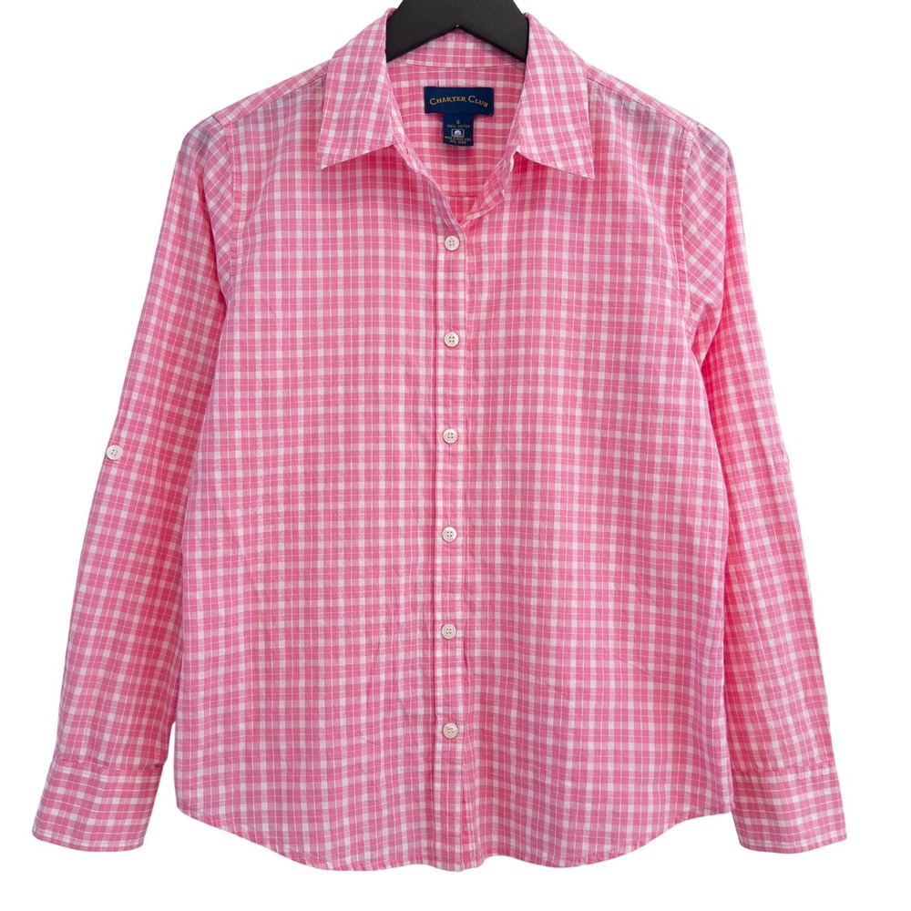 Vintage 80s 90s Charter Club Button Down Shirt Women 6 Pink Roll Tab Long Sleeve